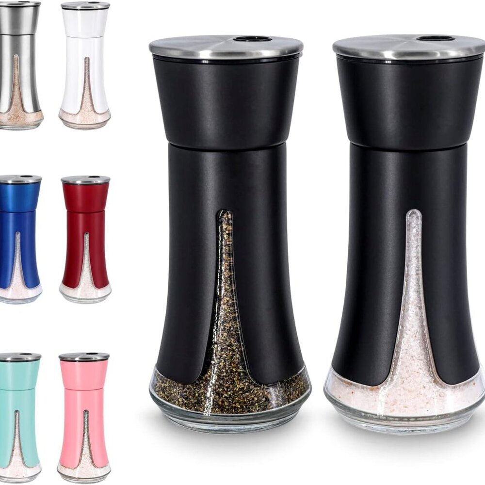 Black Salt and Pepper Shakers by , Salt Shaker with Adjustable Pour Holes, Black
